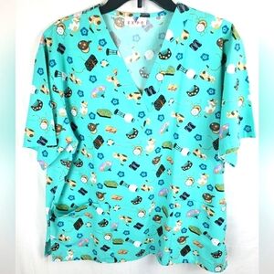 Expo "Cats" Teal Scrub Top Sz L